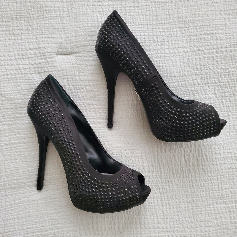 Formal Black Embellished Peep Toe Heels